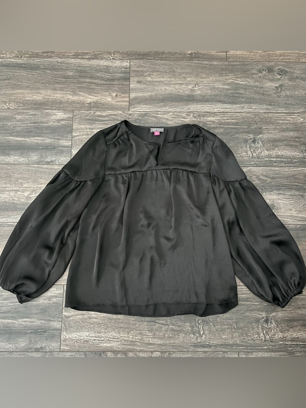 Vince Camuto V-Neck Satin Black Puff Sleeve Blouse